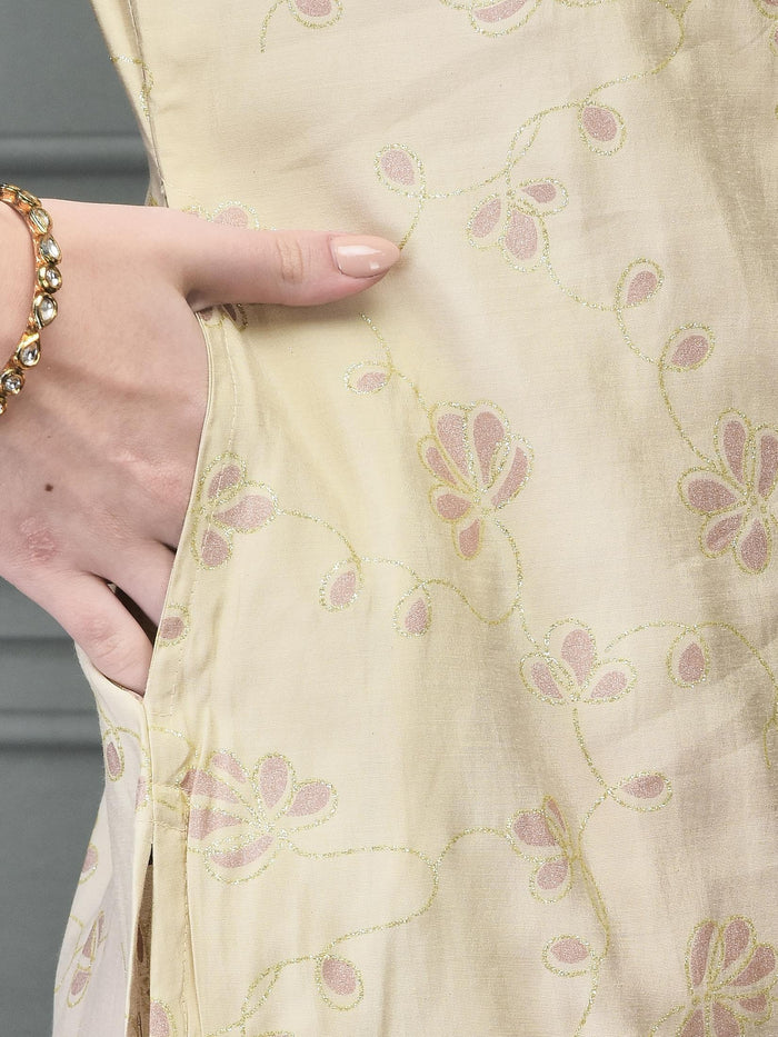 Women Liva Beige Printed Kurta.