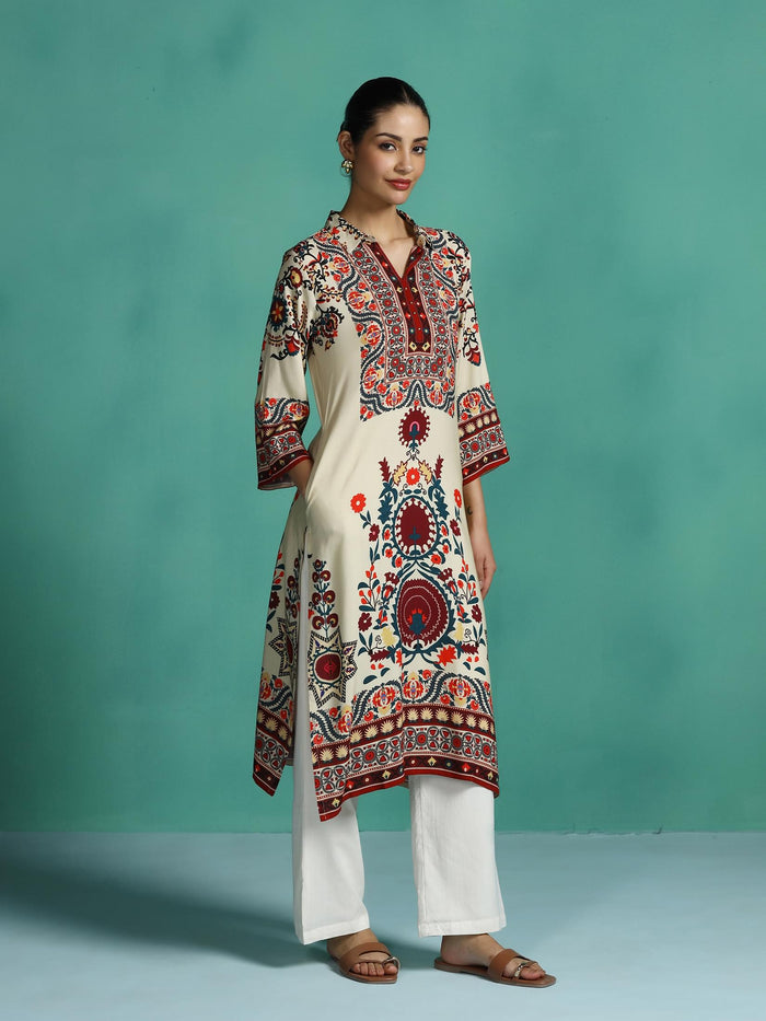 Women Liva Beige Printed Kurta.