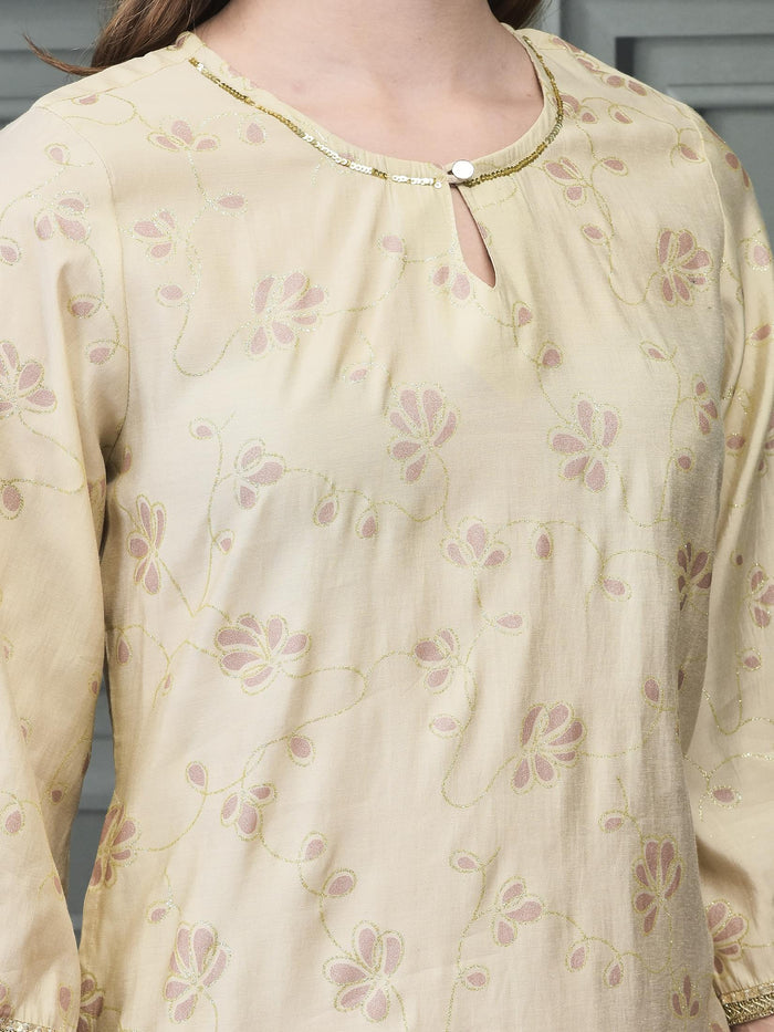 Women Liva Beige Printed Kurta.