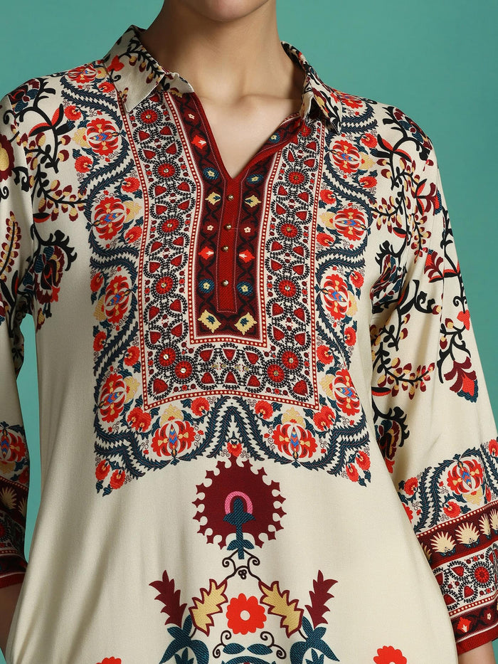 Women Liva Beige Printed Kurta.