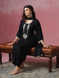 Women Liva Black Embroidered Kurta Comfort Pant Dupatta.