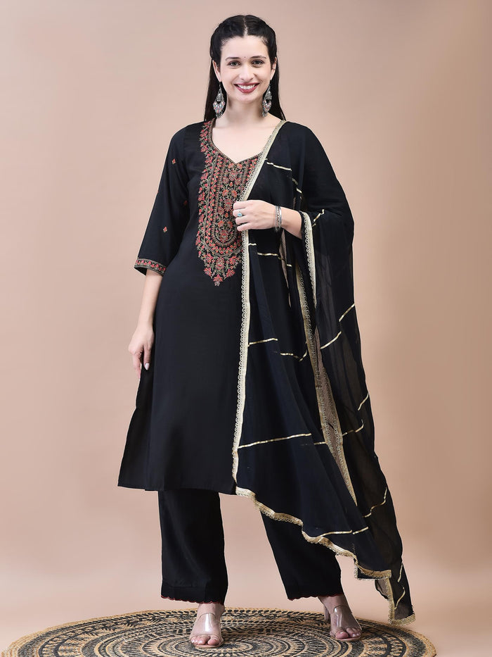 Women Liva Black Embroidered Kurta Comfort Pant Dupatta.