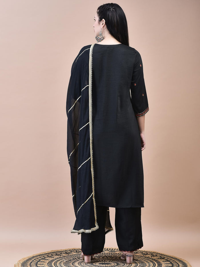 Women Liva Black Embroidered Kurta Comfort Pant Dupatta.