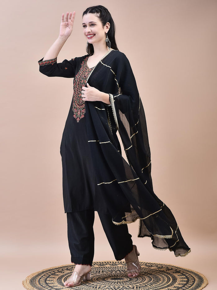 Women Liva Black Embroidered Kurta Comfort Pant Dupatta.
