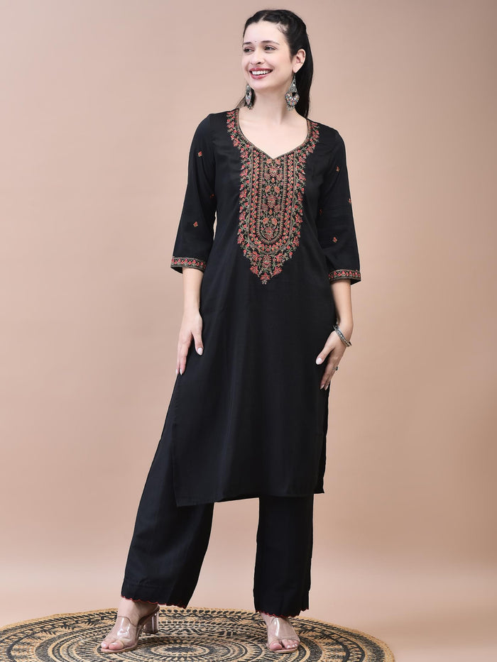 Women Liva Black Embroidered Kurta Comfort Pant Dupatta.