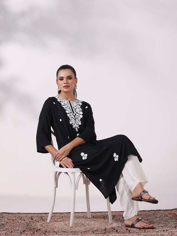 Women Liva Black Embroidered Kurta
