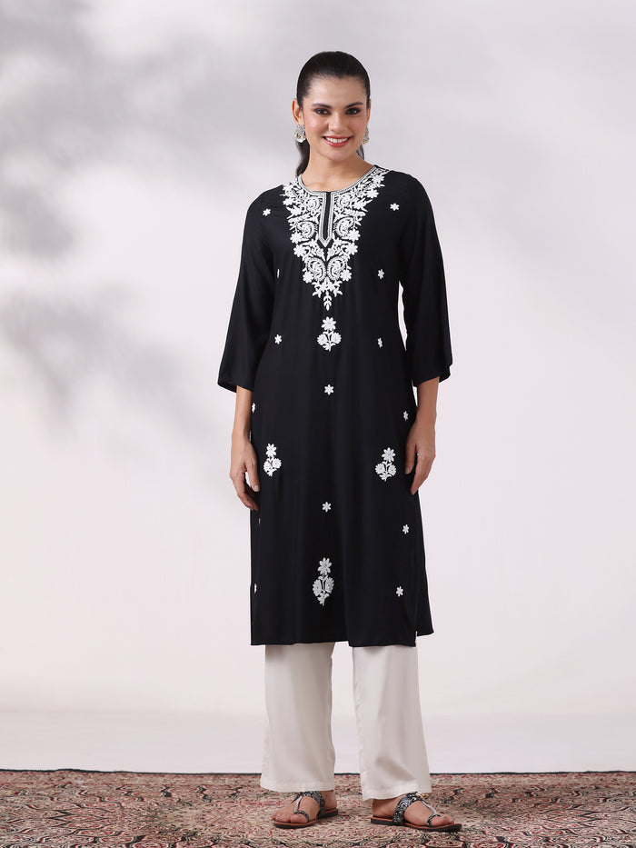 Women Liva Black Embroidered Kurta