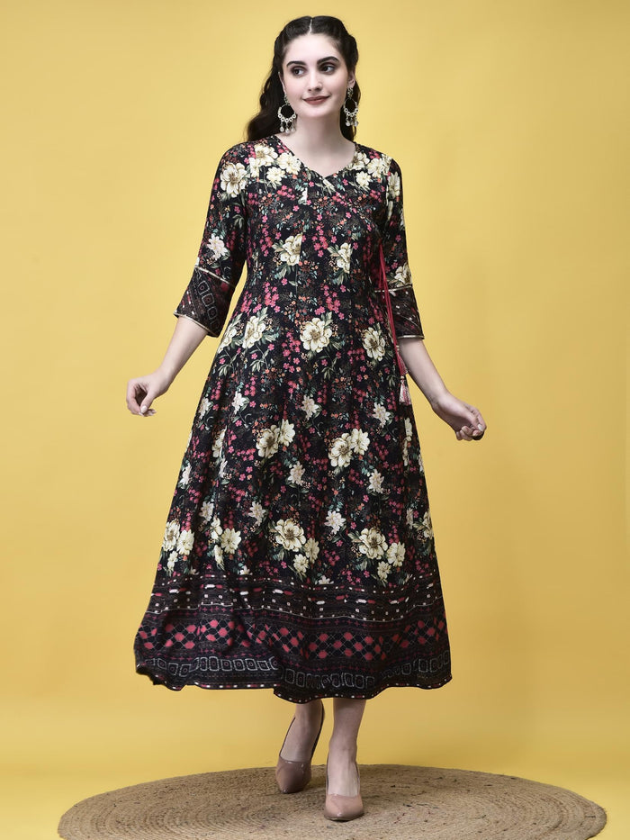 Women Liva Black Floral Print Dress.