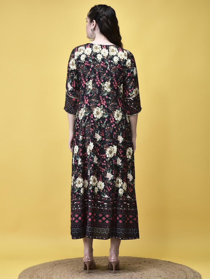 Women Liva Black Floral Print Dress.