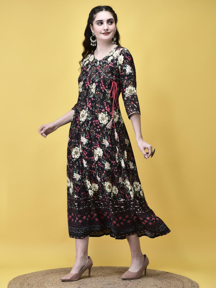 Women Liva Black Floral Print Dress.