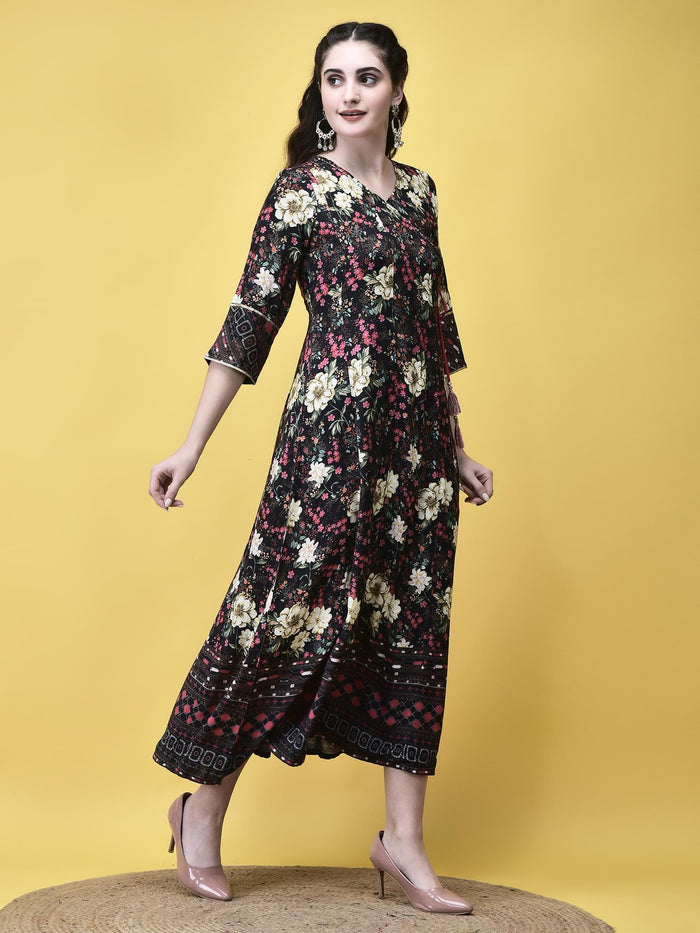 Women Liva Black Floral Print Dress.