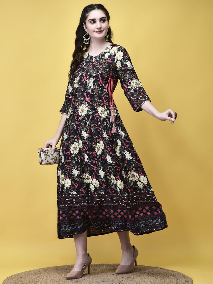 Women Liva Black Floral Print Dress.