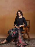 Women Liva Black Floral Print Kurta Comfort Pant Dupatta.