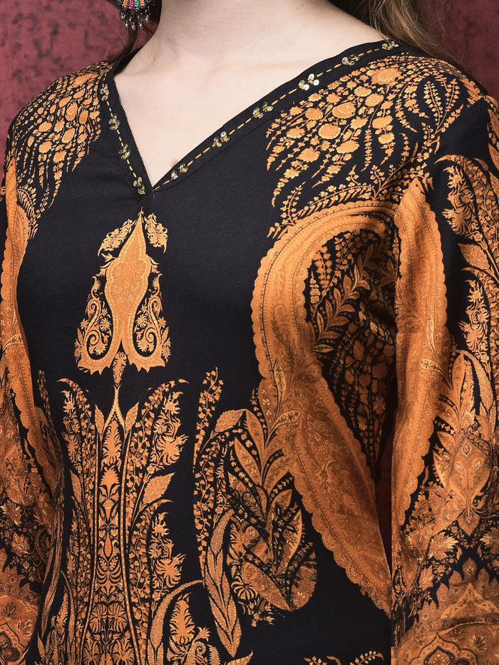 Women Liva Black Paisley Print Kurta Comfort Pant Dupatta.