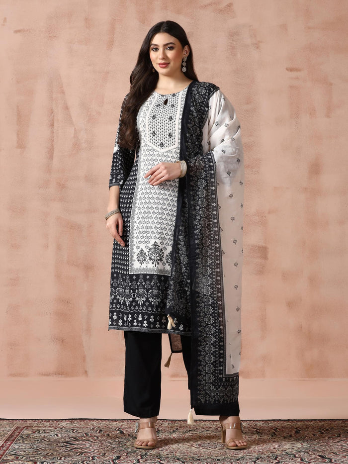 Women Liva Black Printed Kurta Comfort Pant Dupatta.