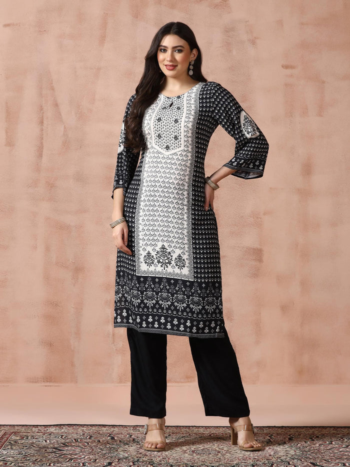 Women Liva Black Printed Kurta Comfort Pant Dupatta.
