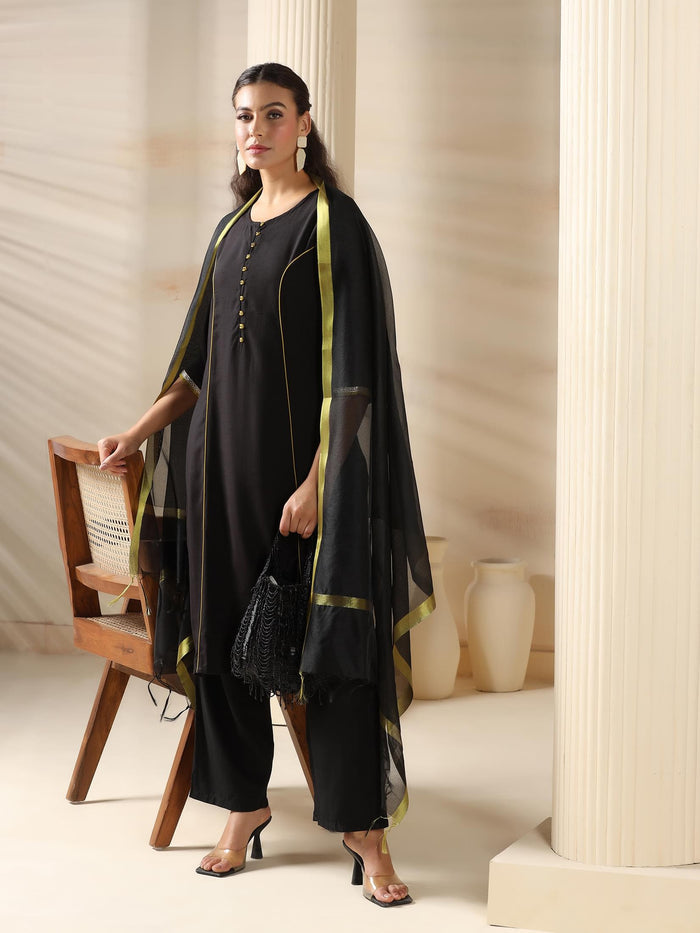 Women Liva Black Solid Kurta Comfort Pant Dupatta.