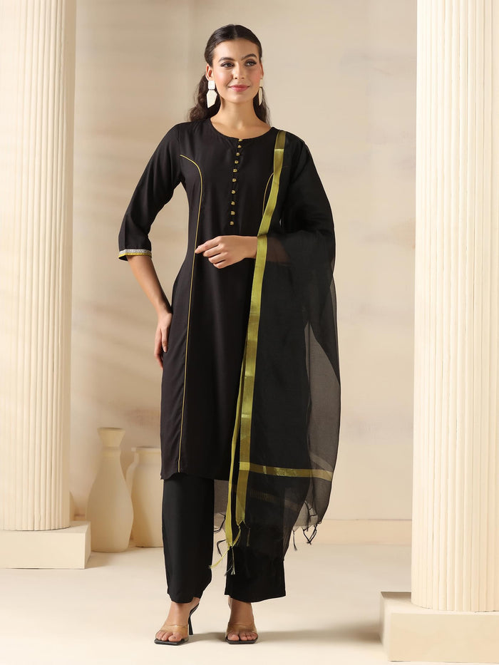 Women Liva Black Solid Kurta Comfort Pant Dupatta.