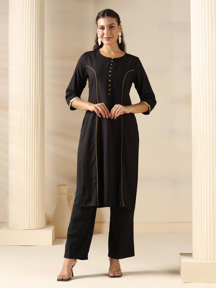 Women Liva Black Solid Kurta Comfort Pant Dupatta.