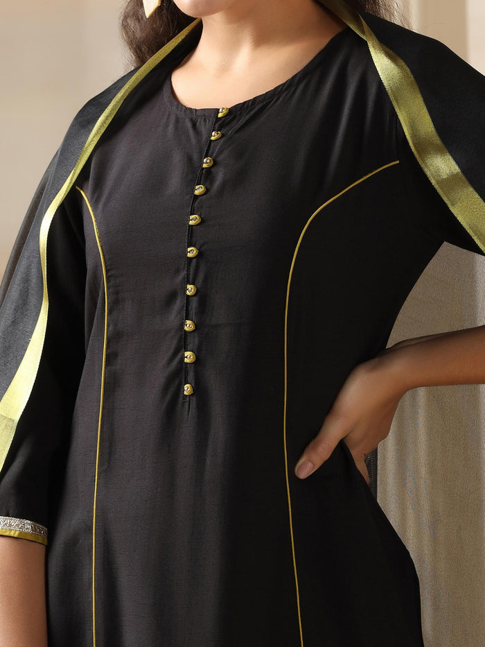 Women Liva Black Solid Kurta Comfort Pant Dupatta.