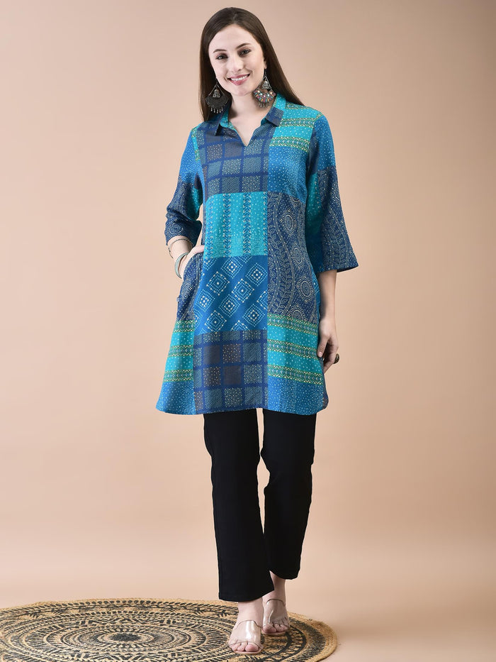 Women Liva Blue Bandhani Print Short Kurta.
