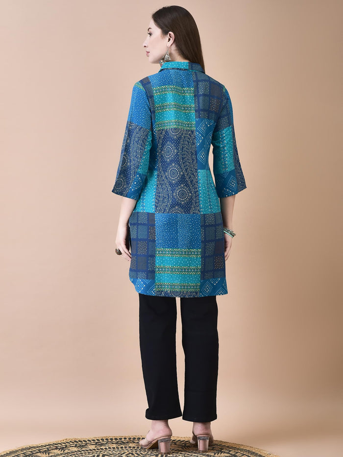 Women Liva Blue Bandhani Print Short Kurta.
