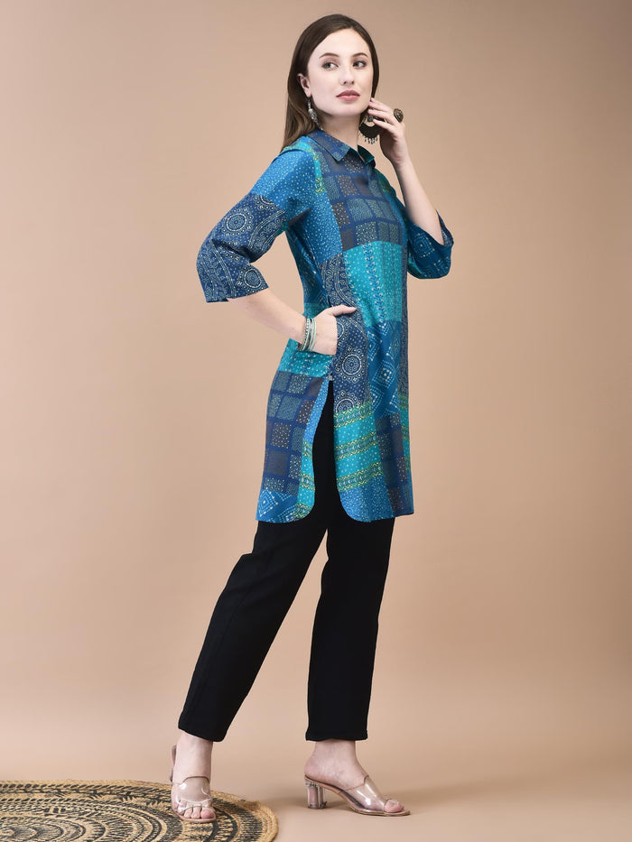 Women Liva Blue Bandhani Print Short Kurta.