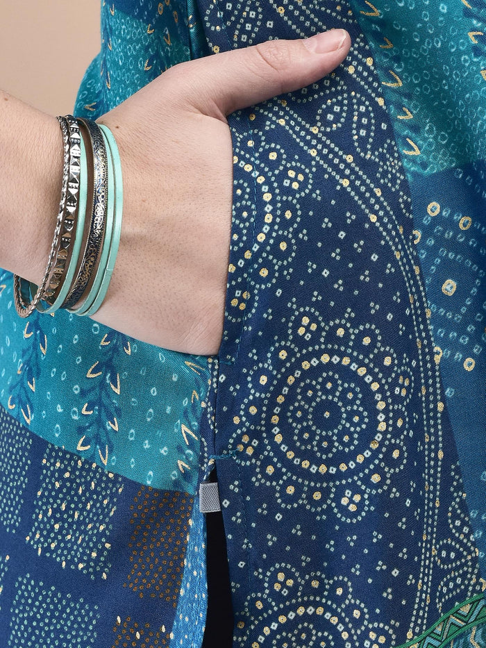 Women Liva Blue Bandhani Print Short Kurta.