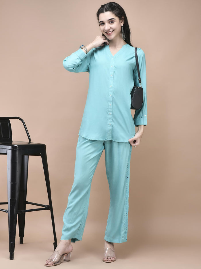 Women Liva Blue Embroidered Co-Ord Set.