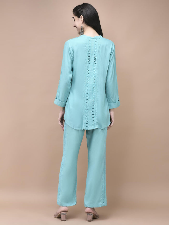 Women Liva Blue Embroidered Co-Ord Set.