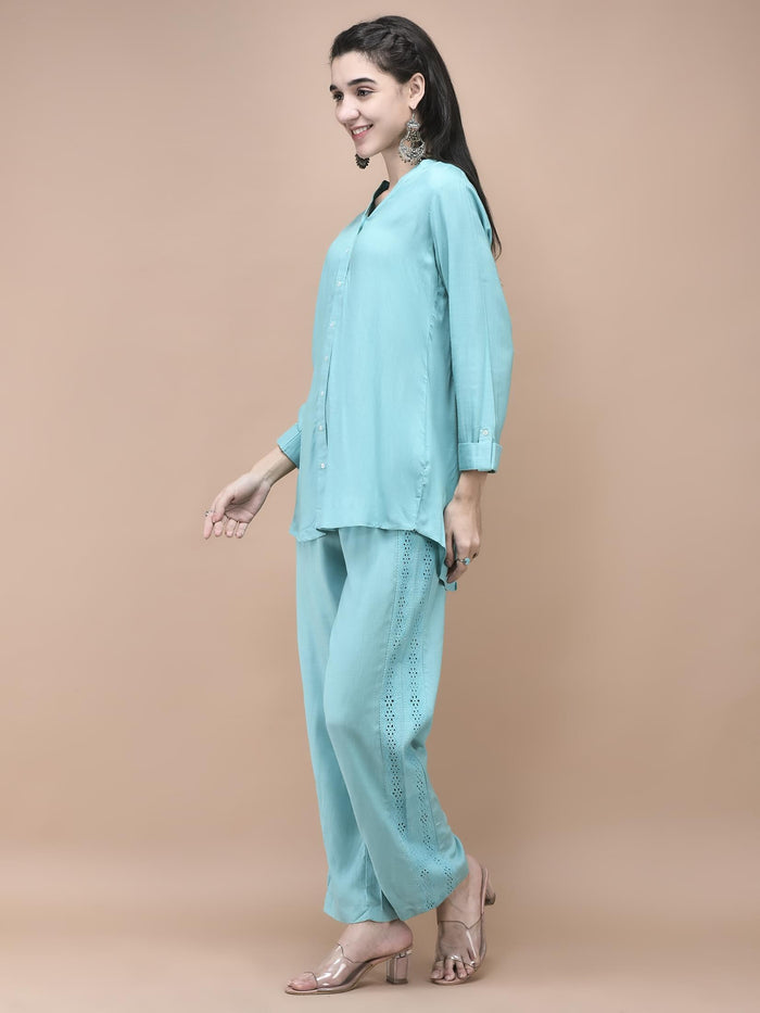 Women Liva Blue Embroidered Co-Ord Set.