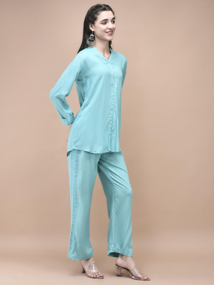 Women Liva Blue Embroidered Co-Ord Set.