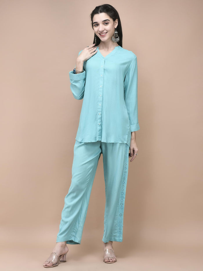 Women Liva Blue Embroidered Co-Ord Set.
