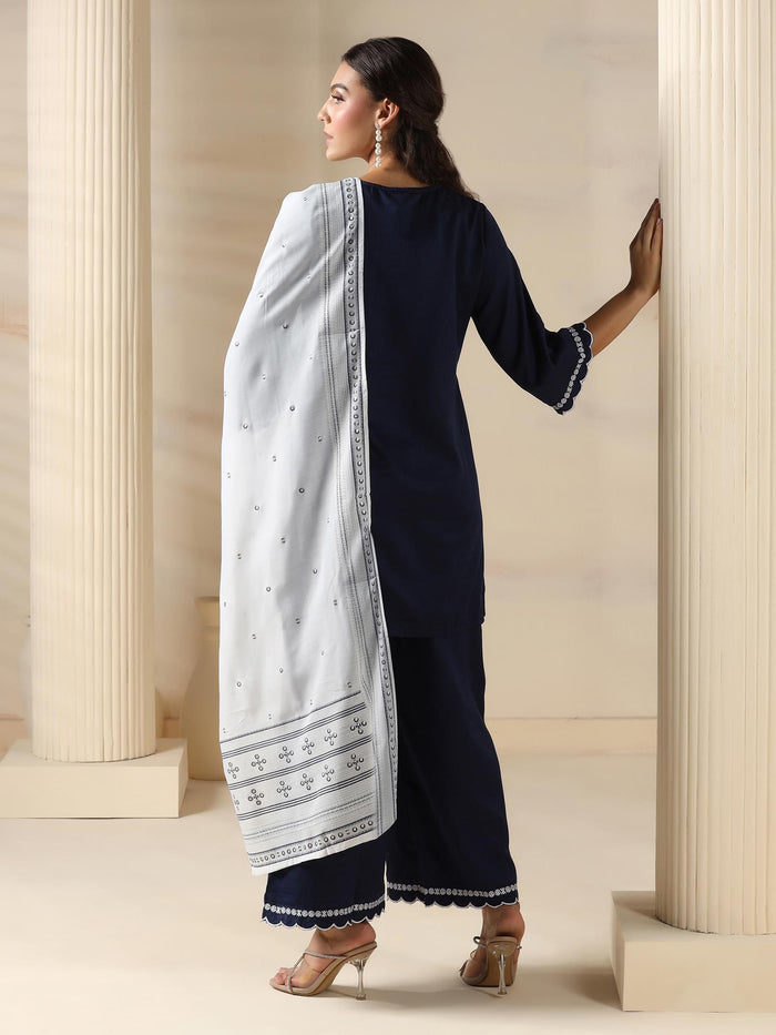 Women Liva Blue Embroidered Kurta Comfort Pant Dupatta.