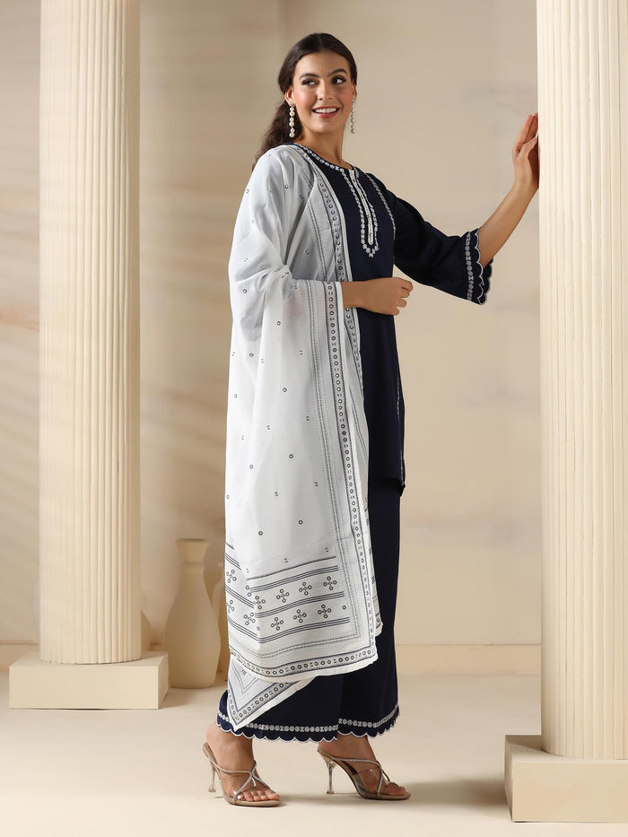Women Liva Blue Embroidered Kurta Comfort Pant Dupatta.