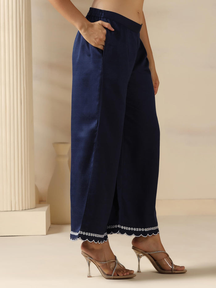 Women Liva Blue Embroidered Kurta Comfort Pant Dupatta.