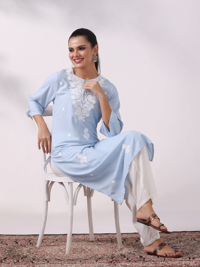 Women Liva Blue Embroidered Kurta