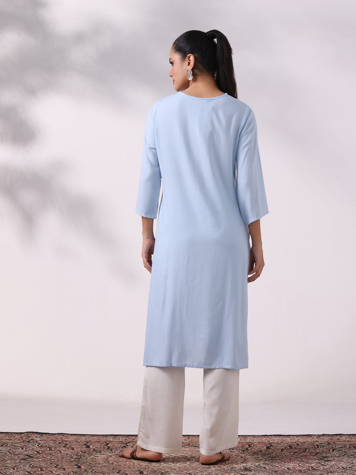 Women Liva Blue Embroidered Kurta