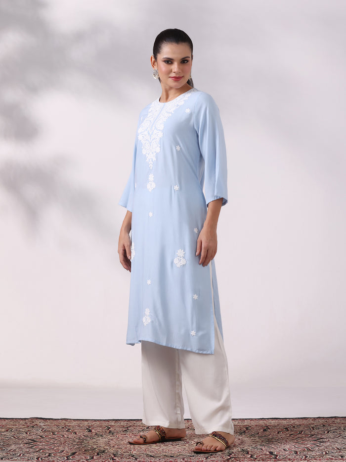 Women Liva Blue Embroidered Kurta