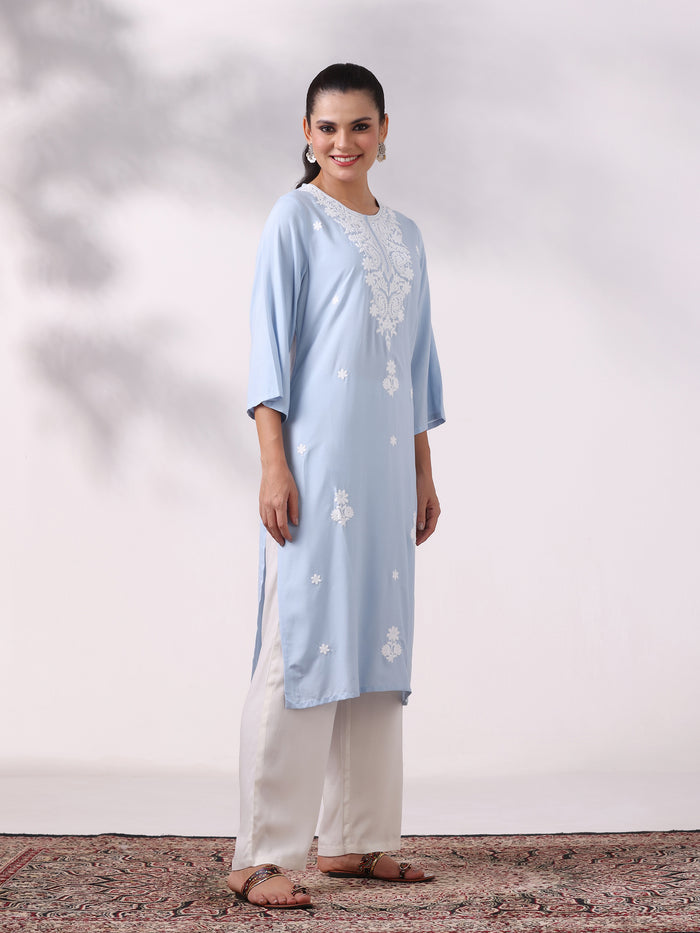 Women Liva Blue Embroidered Kurta