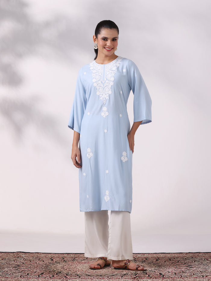 Women Liva Blue Embroidered Kurta