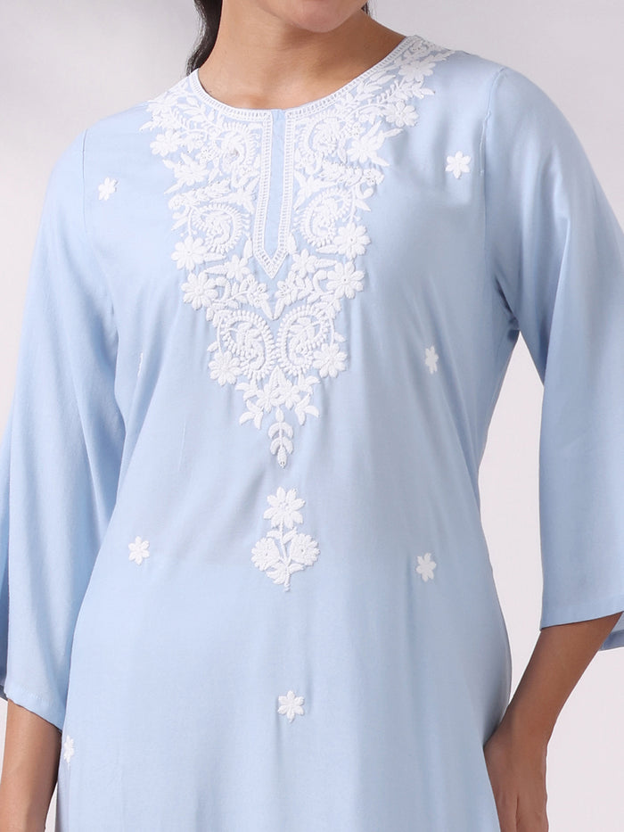 Women Liva Blue Embroidered Kurta