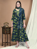 Women Liva Blue Floral Print Dress With Dupatta.