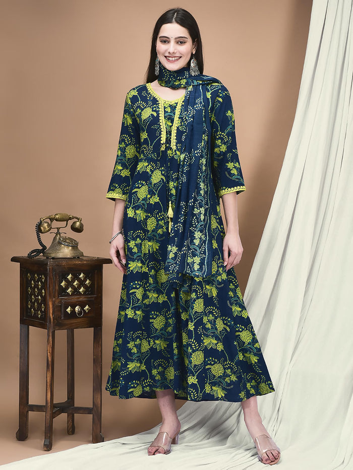 Women Liva Blue Floral Print Dress With Dupatta.