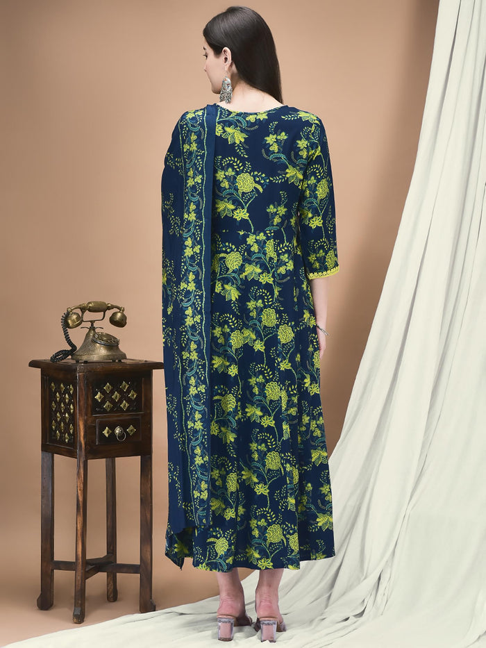 Women Liva Blue Floral Print Dress With Dupatta.