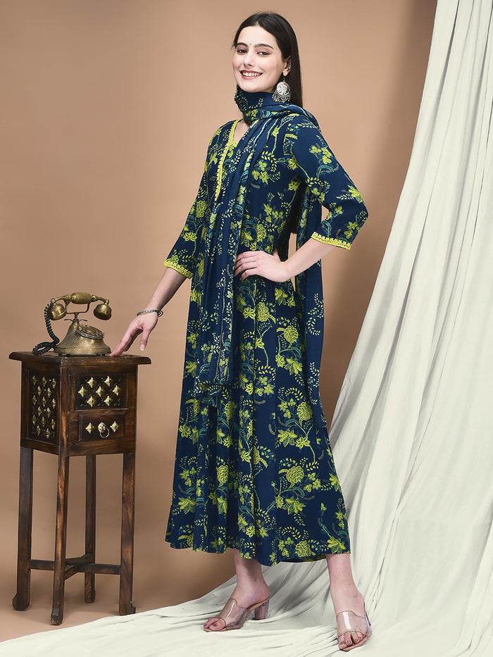 Women Liva Blue Floral Print Dress With Dupatta.