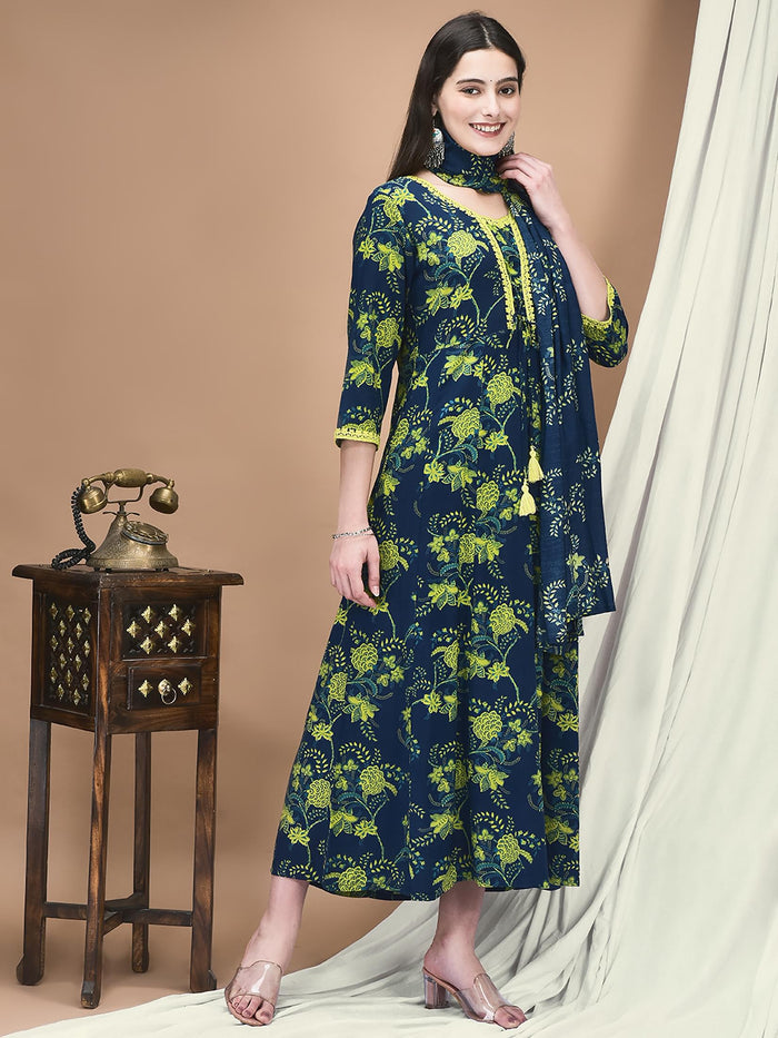Women Liva Blue Floral Print Dress With Dupatta.