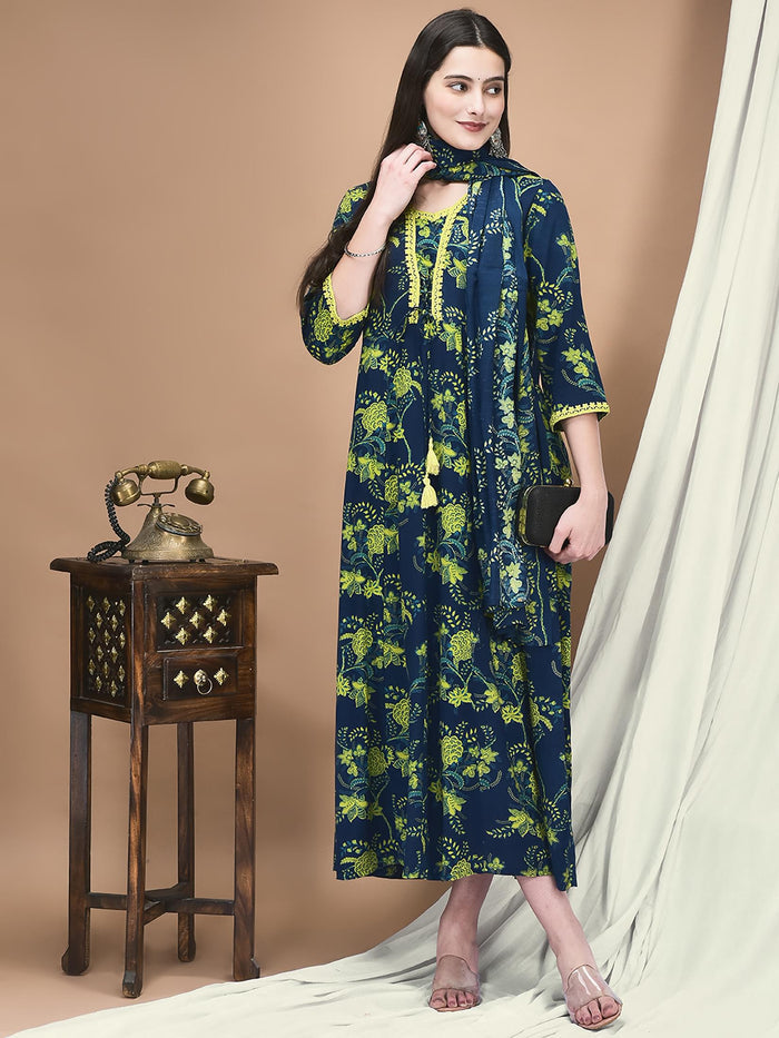 Women Liva Blue Floral Print Dress With Dupatta.