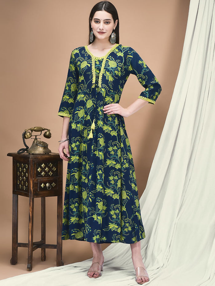 Women Liva Blue Floral Print Dress With Dupatta.