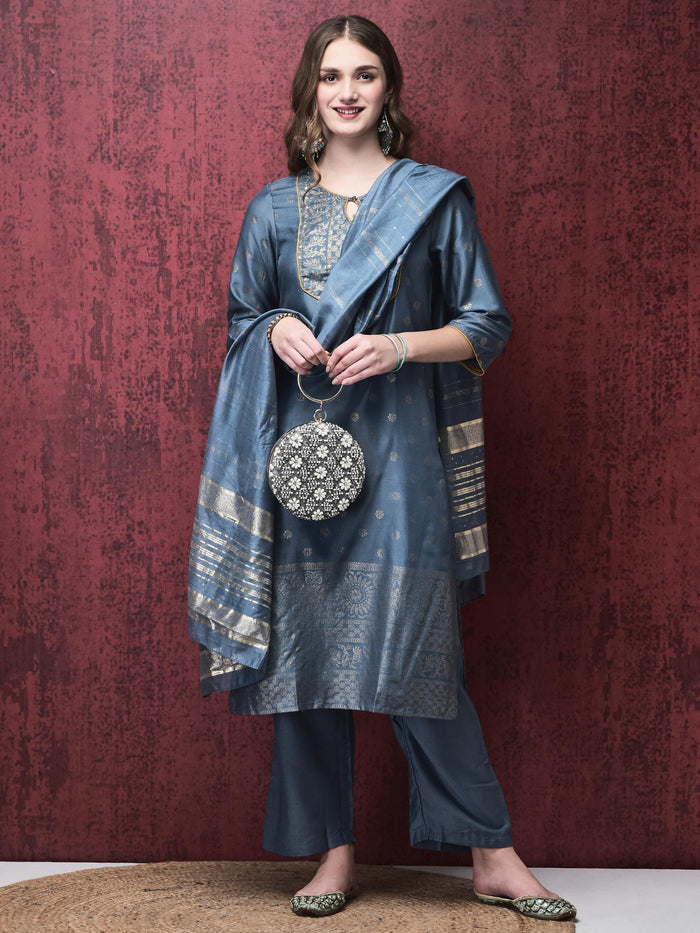 Women Liva Blue Foil Print Kurta Comfort pant Dupatta.